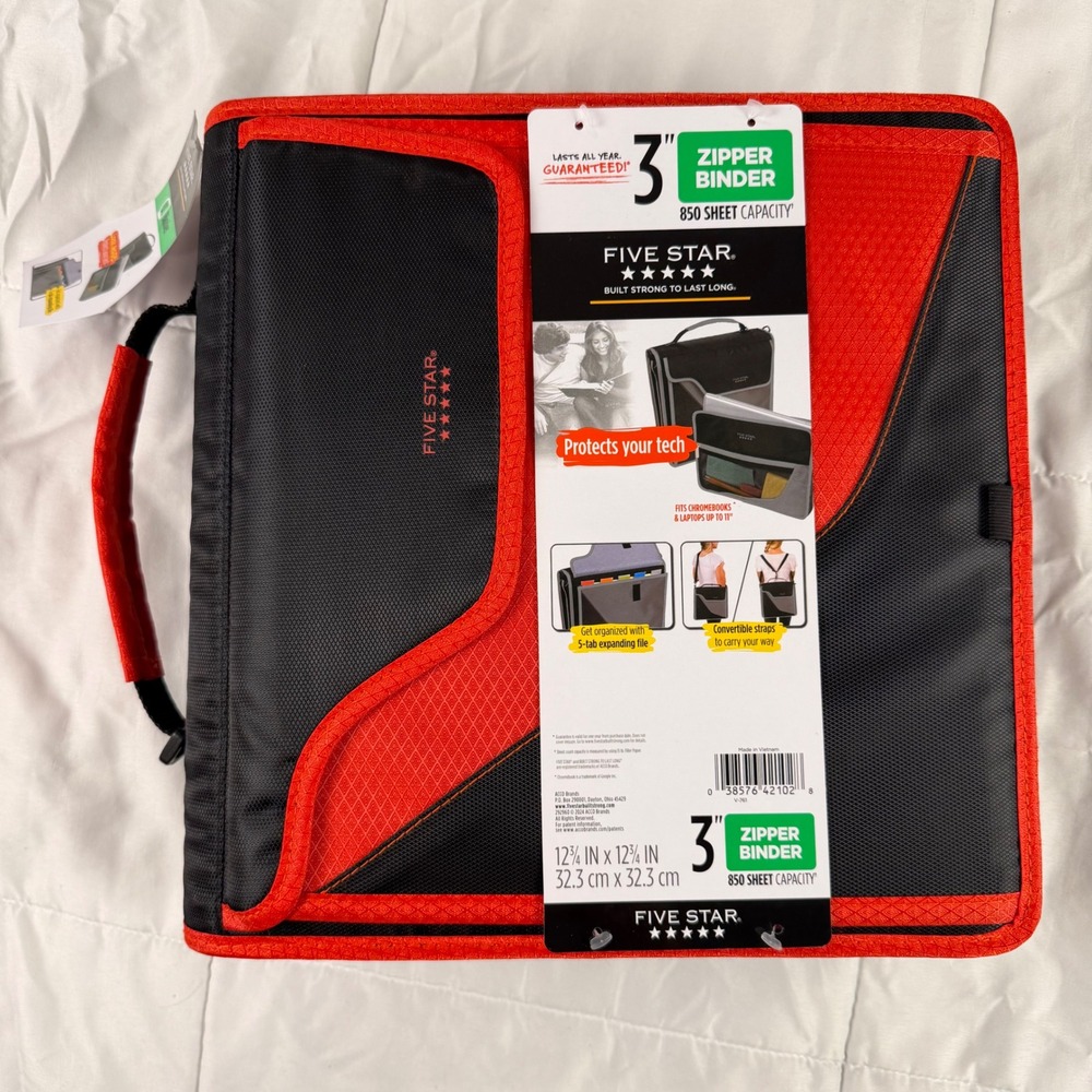Five Star 3 Inch Zipper Binder 850 Sheet Capacity Black Red NEW